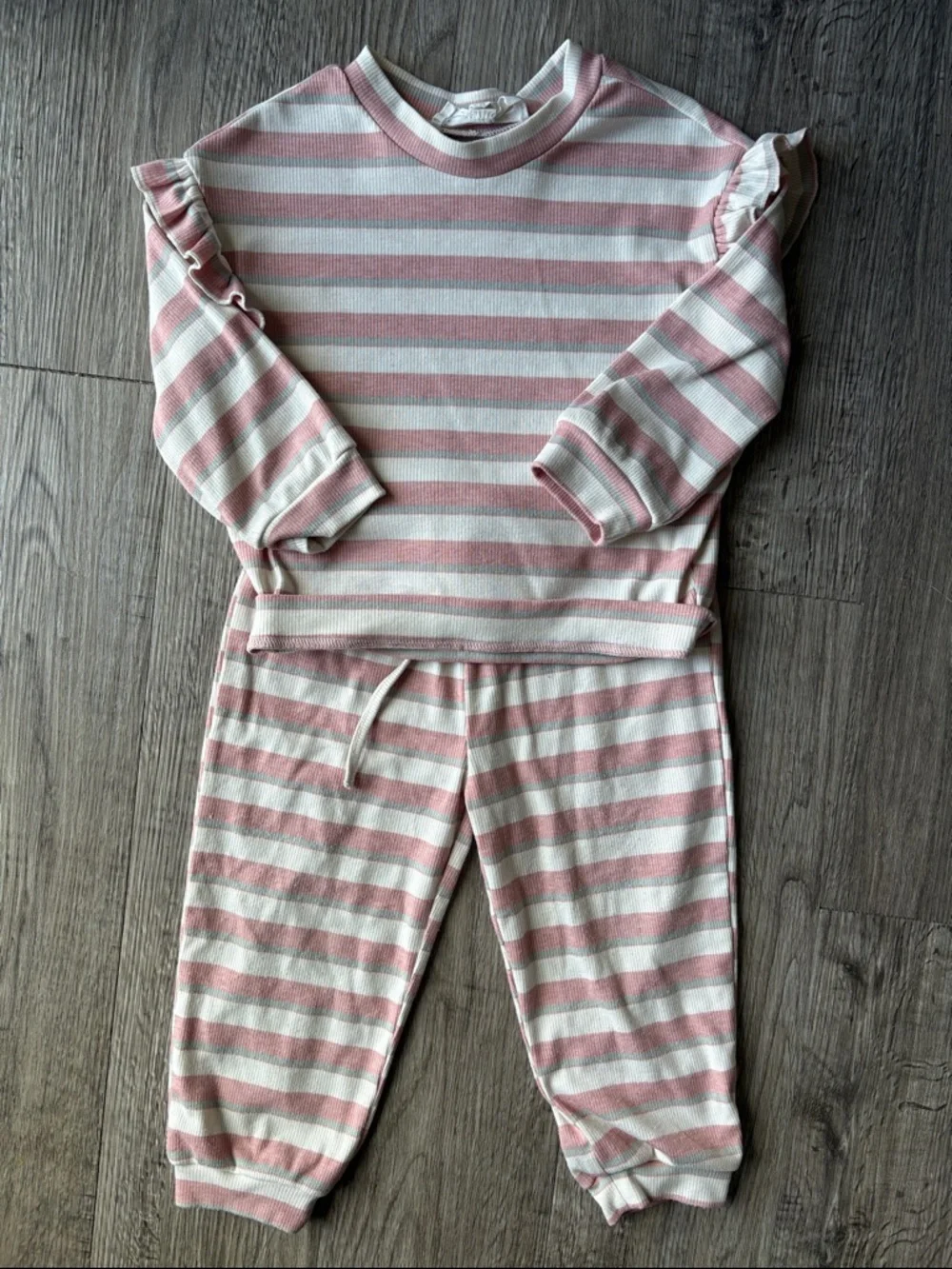 Girls Pink & White Striped P Set with Ruffle Shoulders
